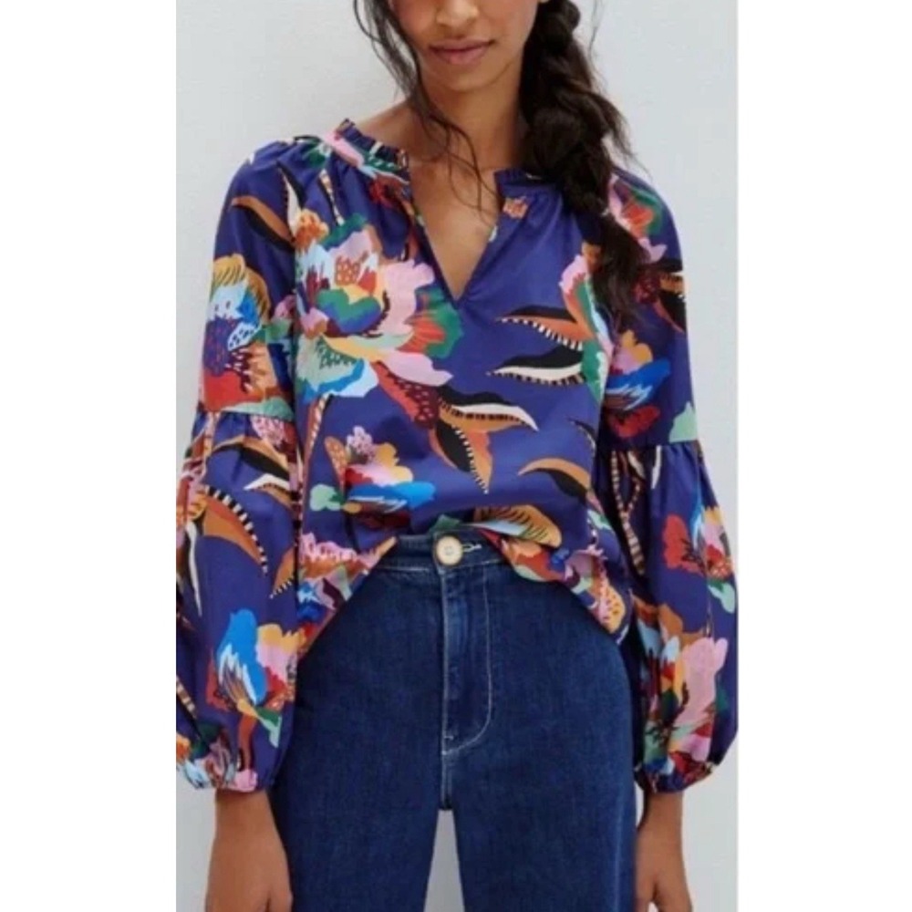 FARM RIO X Anthropologie Helena Floral Tropical Peasant V Neck TOP Blouse S Boho